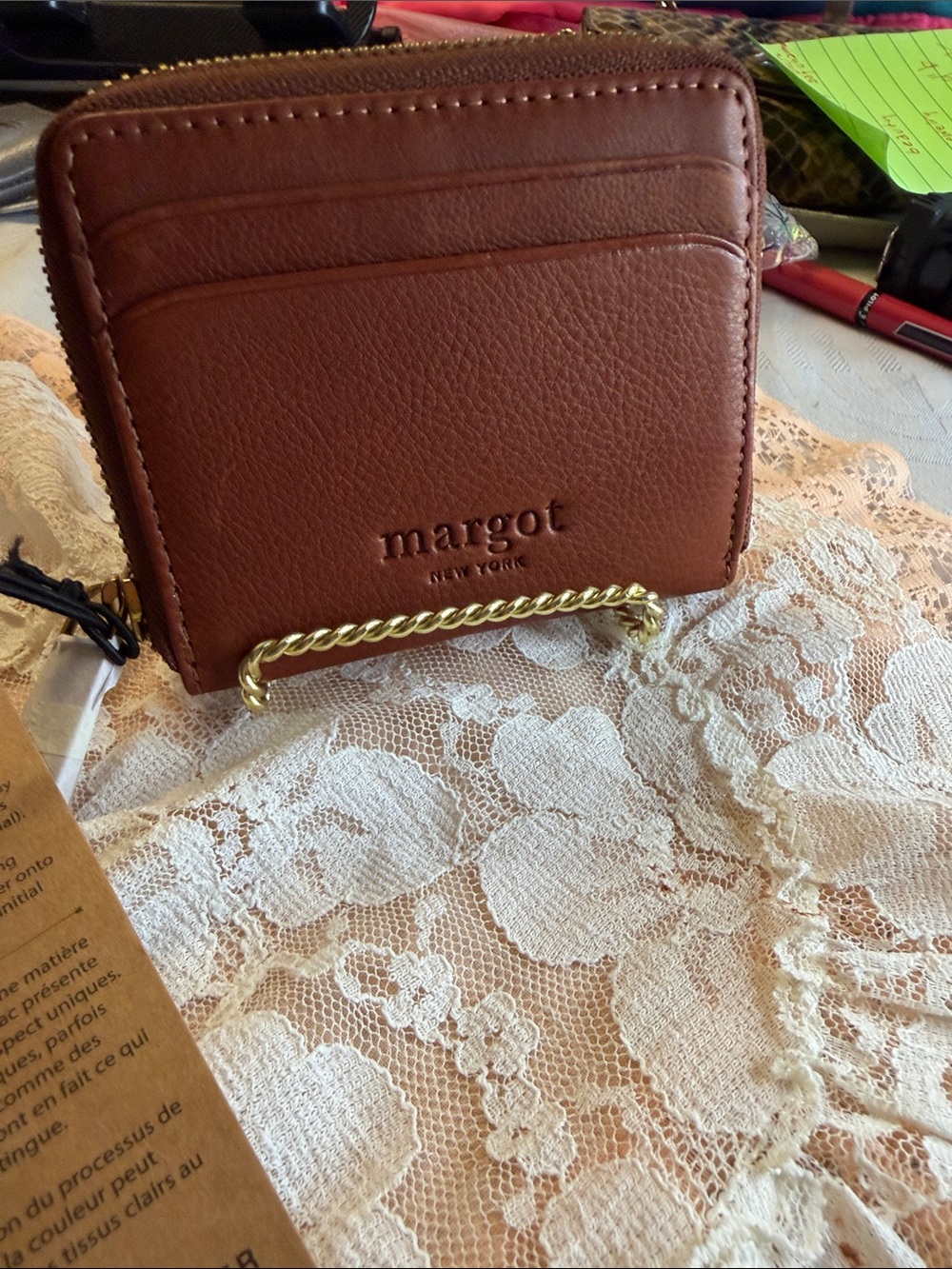 margot Brown Leather Zip Card Wallet with Gold-Tone Accent